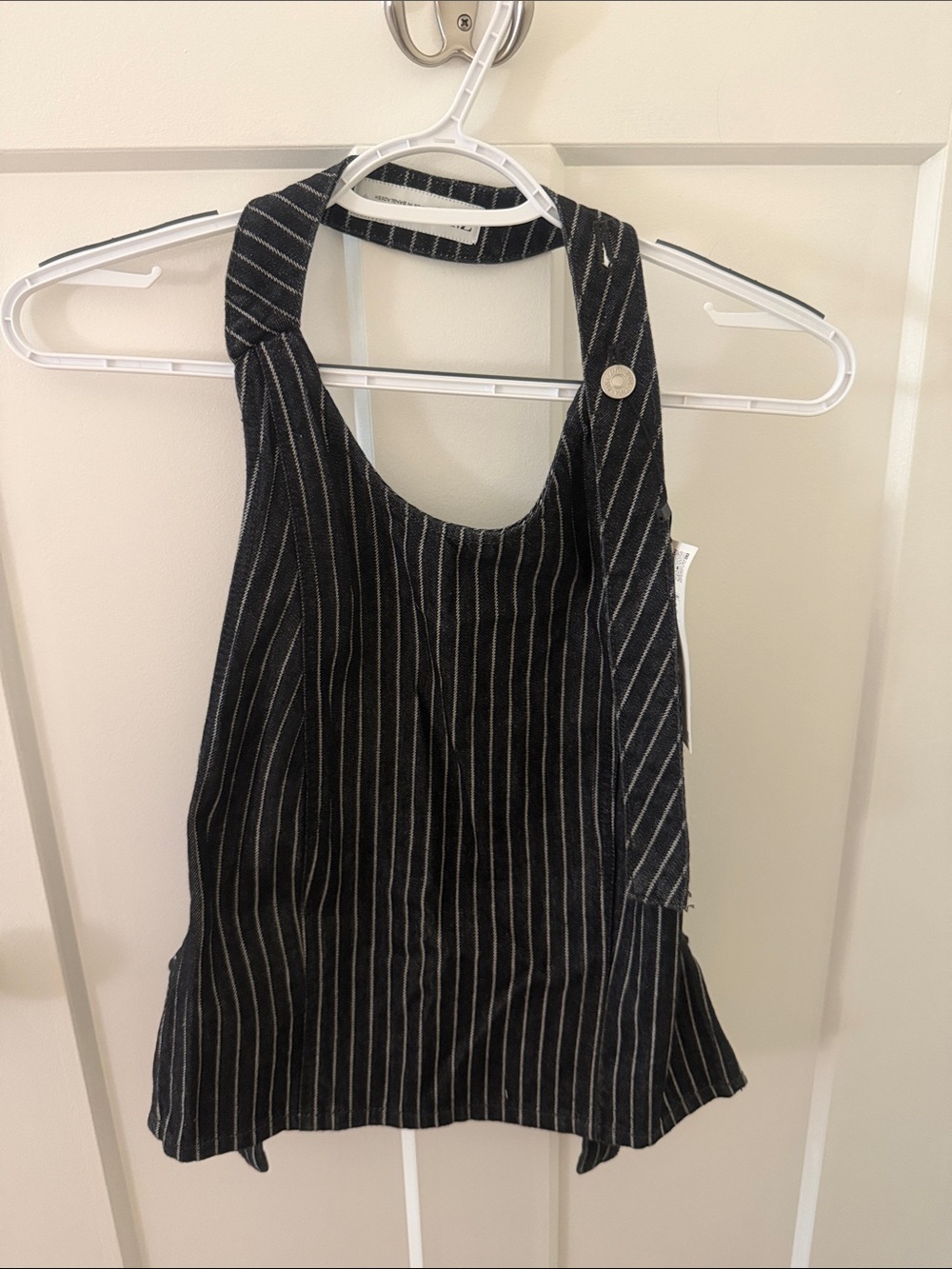 Zara Backless Black Denim Pinstripe Halter Top